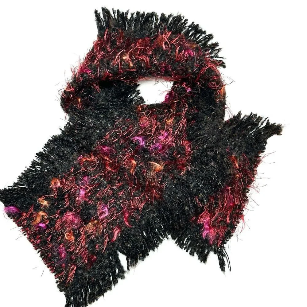 NWOT Mohair Scarf Zazou Luxe Black Burgundy Soft Fancy Yarn made in France